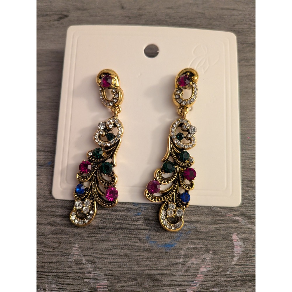 Vintage Style Antique Gold Multi Color Rhinestone Filigree Drop Earrings